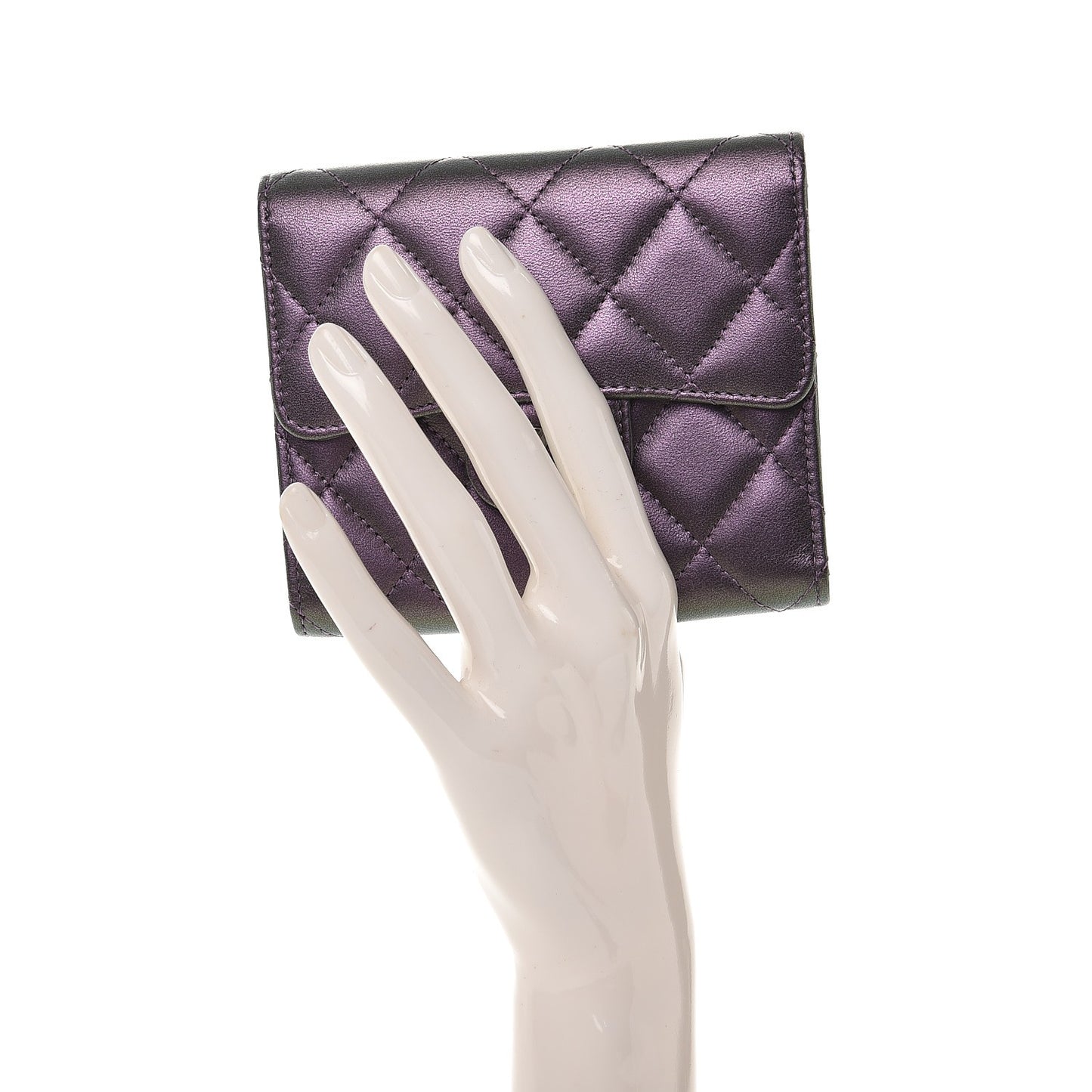 Metallic Lambskin Quilted Compact Flap Wallet Purple