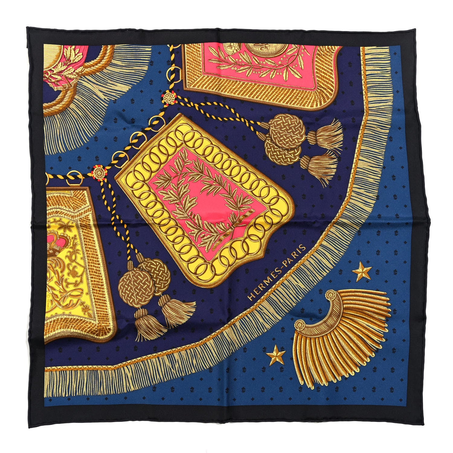 Hermes Silk Poste et Cavalerie Detail Scarf 45 Black Marine Jaune 1 of 4