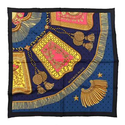 Hermes Silk Poste et Cavalerie Detail Scarf 45 Black Marine Jaune 1 of 4