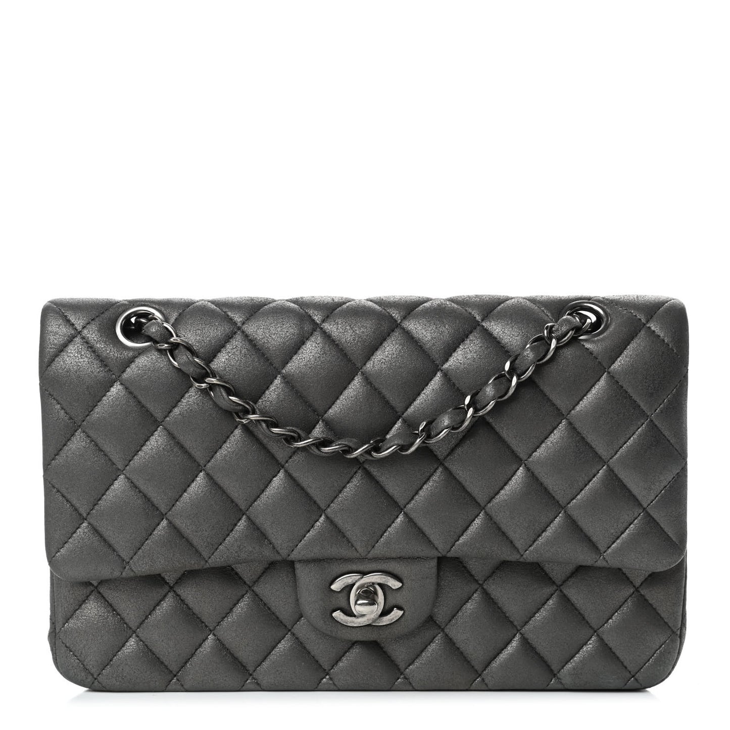 Metallic Lambskin Quilted Medium Double Flap Pewter