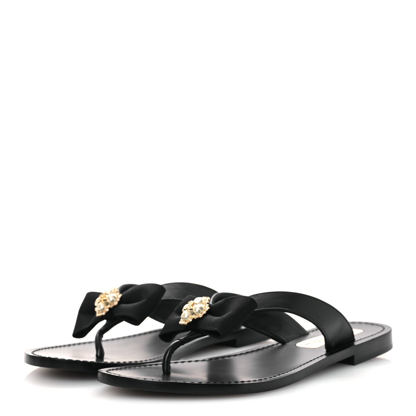 Lambskin Grosgrain Bow Pearl Thong Sandals 39 Black