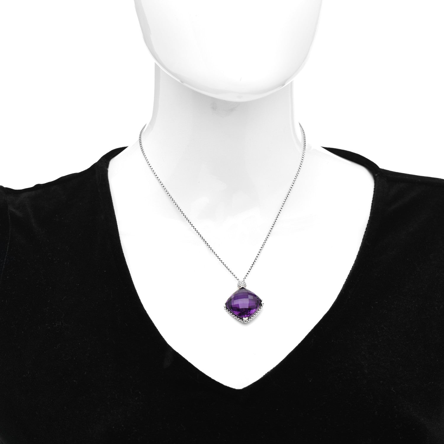 David Yurman Sterling Silver Diamond Amethyst 20mm Cushion On Point Pendant Necklace 2 of 4