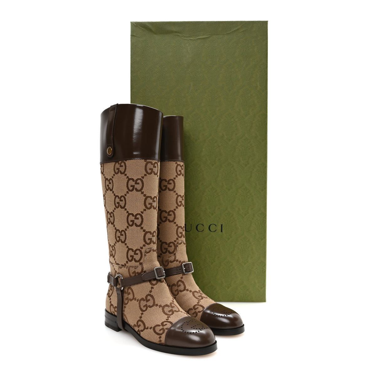 Monogram Jumbo GG Cordovan Lux Zelda Harness Riding Boots 38.5 Camel Ebony New Acero