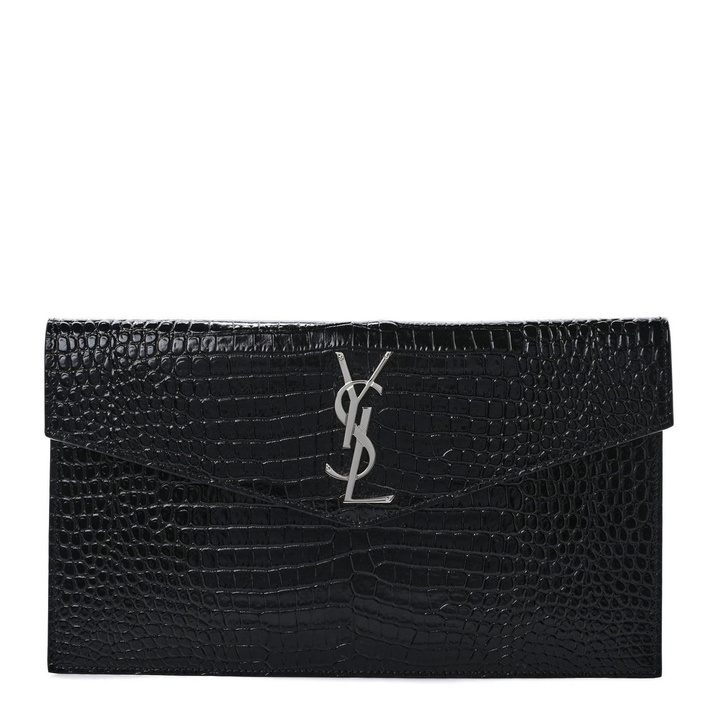 Calfskin Crocodile Embossed Uptown Monogram Clutch Black