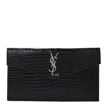 Saint Laurent Calfskin Crocodile Embossed Uptown Monogram Clutch Black 1 of 6