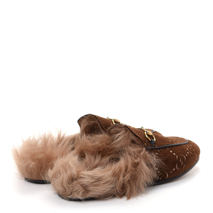 Gucci Velvet GG Monogram Fur Womens Princetown Slippers 37 Brown Black Natural 4 of 10