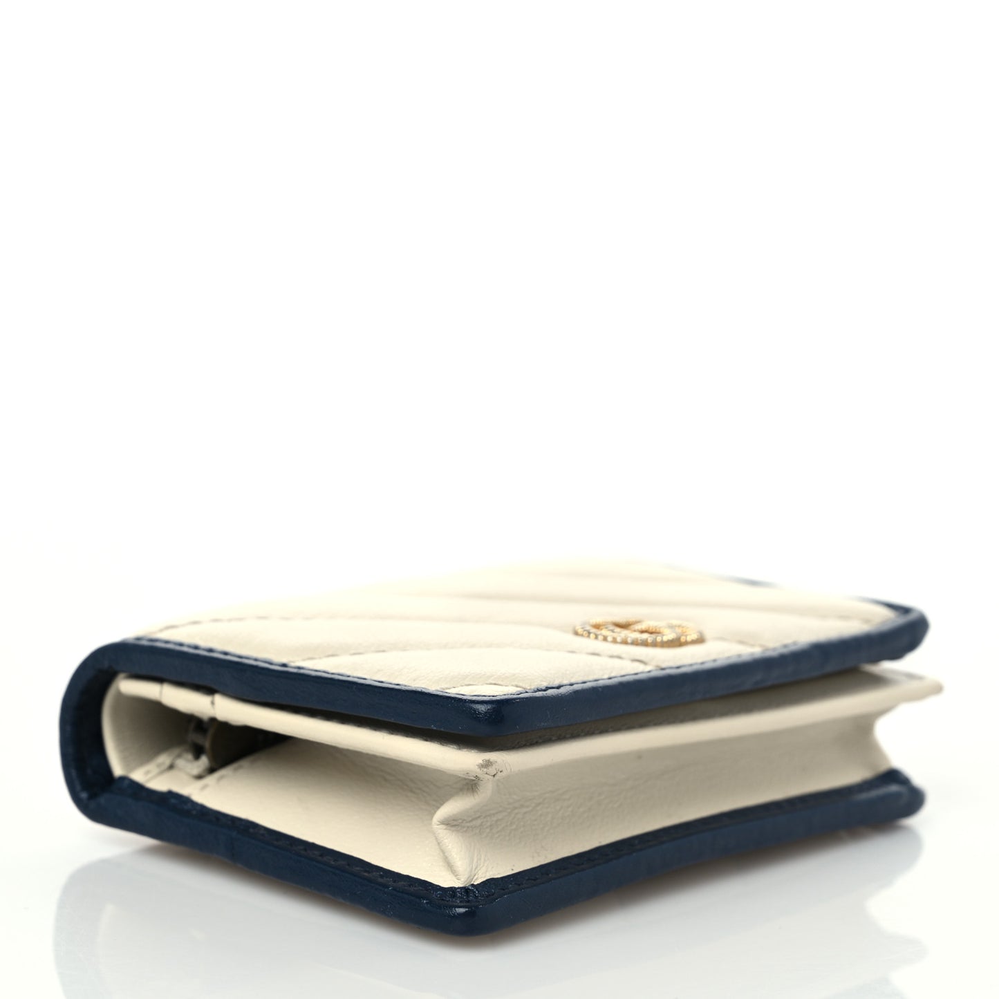 Vintage Effect Calfskin Matelasse Diagonal Torchon GG Marmont Card Case Wallet Mystic White Blue Agata