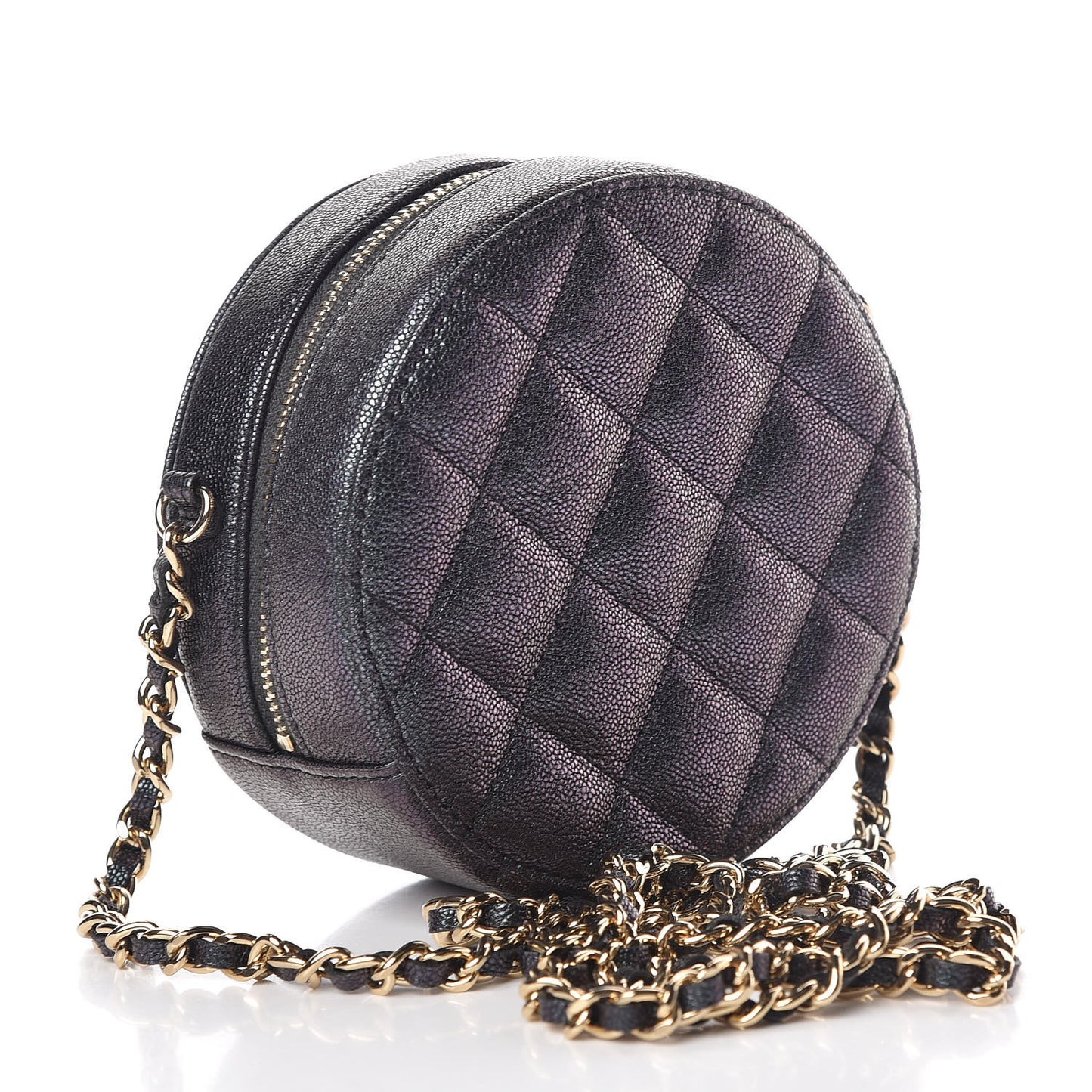 Iridescent Caviar Quilted Round Clutch With Chain Black