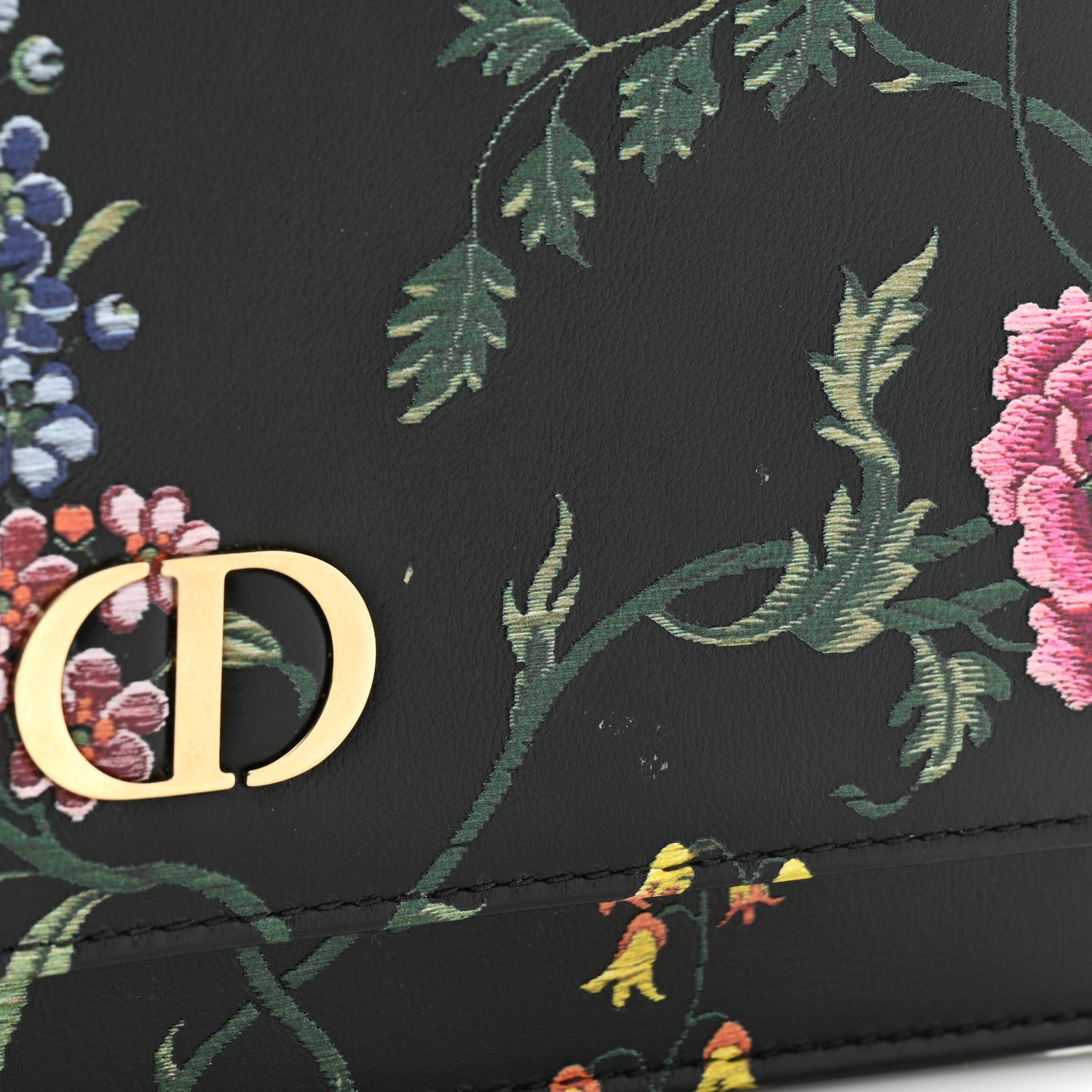 Christian Dior Calfskin Petites Fleurs Print Caro Pouch With Chain Black Multicolor 10 of 12