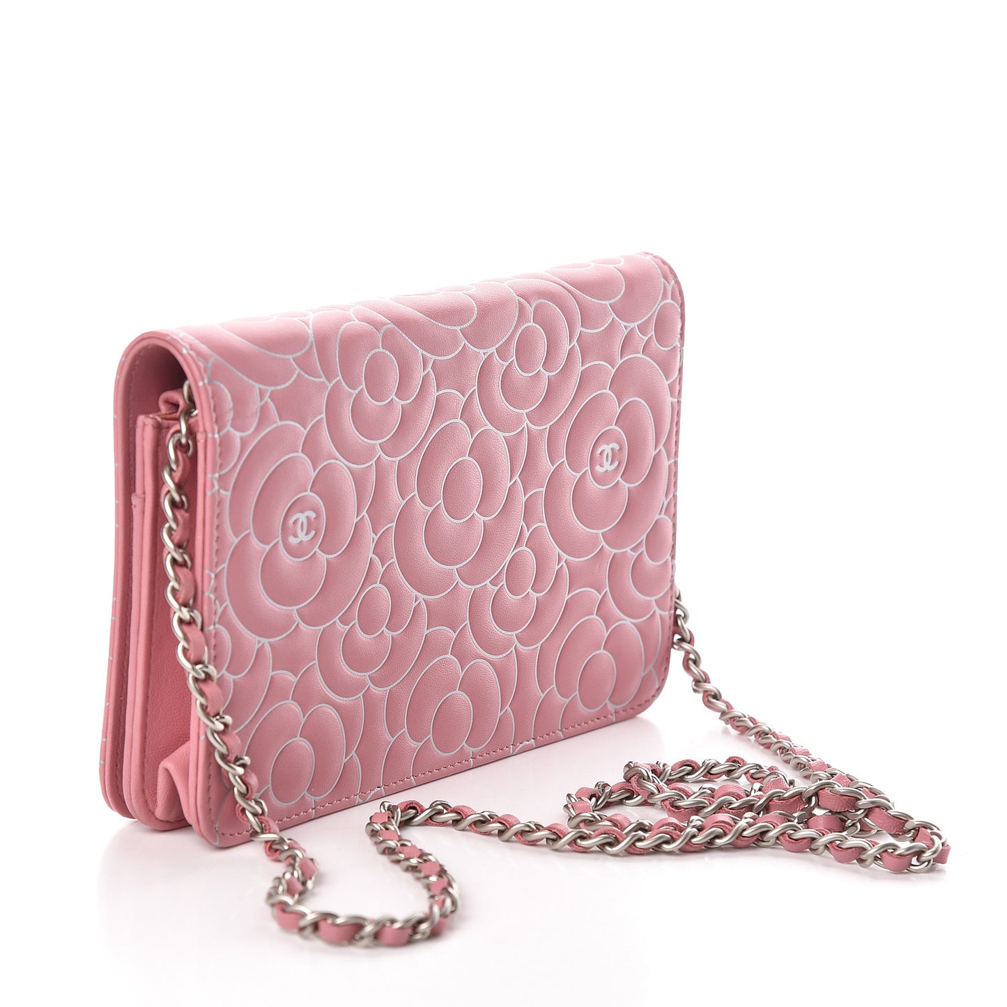 Lambskin Camellia Embossed Wallet On Chain WOC Pink