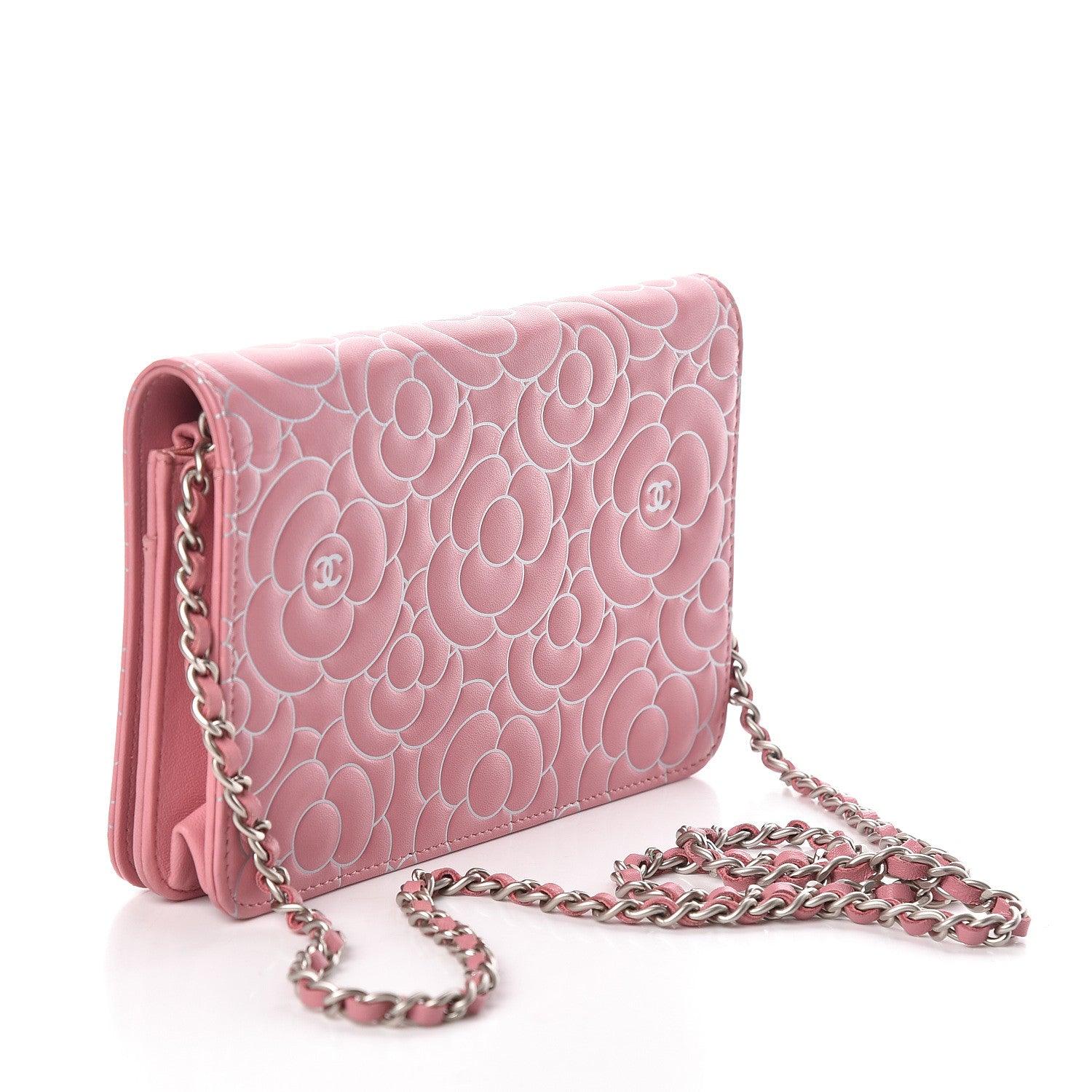 Chanel Lambskin Camellia Embossed Wallet On Chain WOC Pink 3 of 12