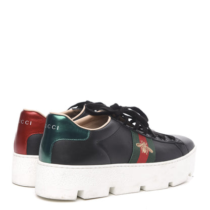 Gucci Calfskin Web Bee Embroidered Womens Ace Platform Sneakers 40.5 Black 4 of 10