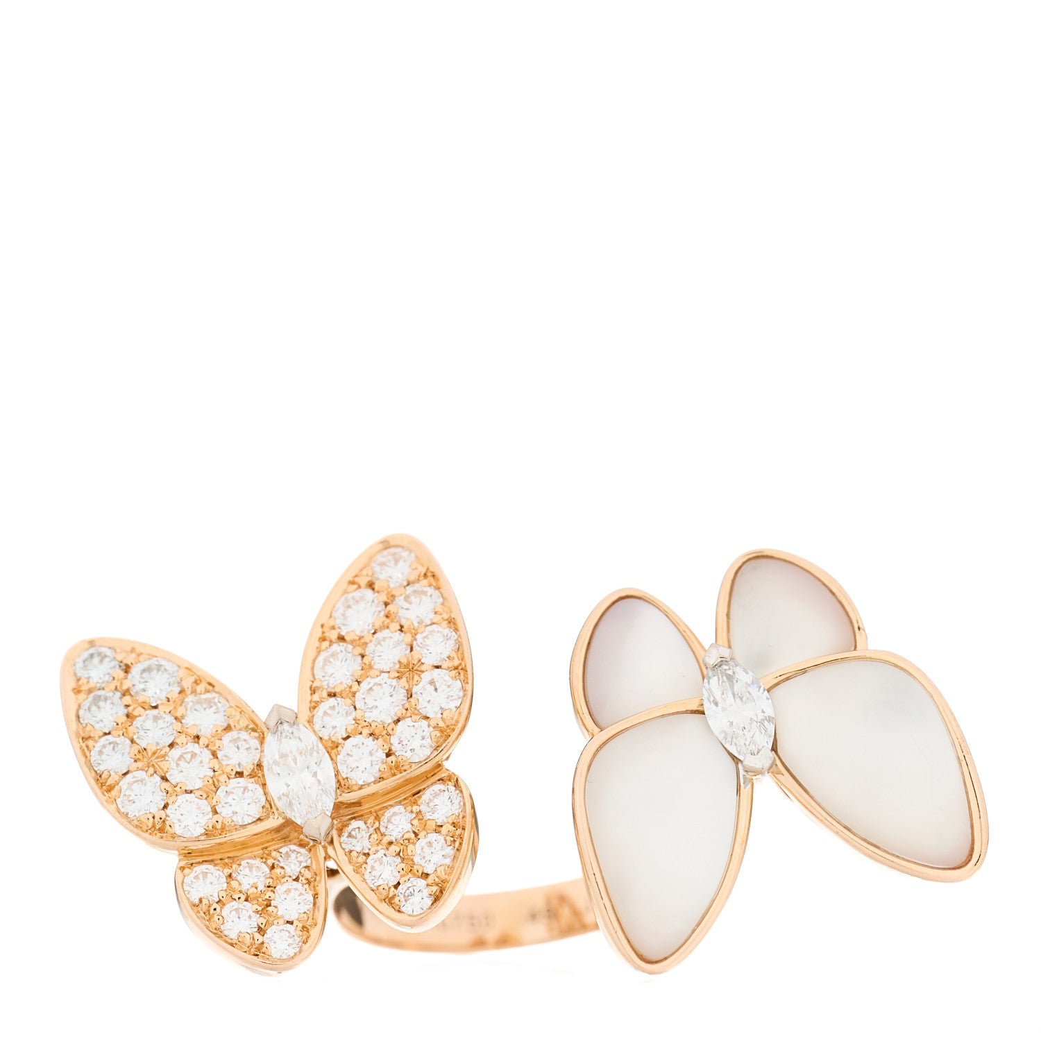 Van Cleef & Arpels 18K Rose Gold Diamond Mother of Pearl Two Butterfly Between The Finger Ring 49 4.75 1 of 6