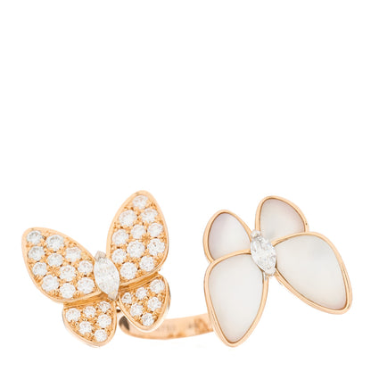 Van Cleef & Arpels 18K Rose Gold Diamond Mother of Pearl Two Butterfly Between The Finger Ring 49 4.75 1 of 6