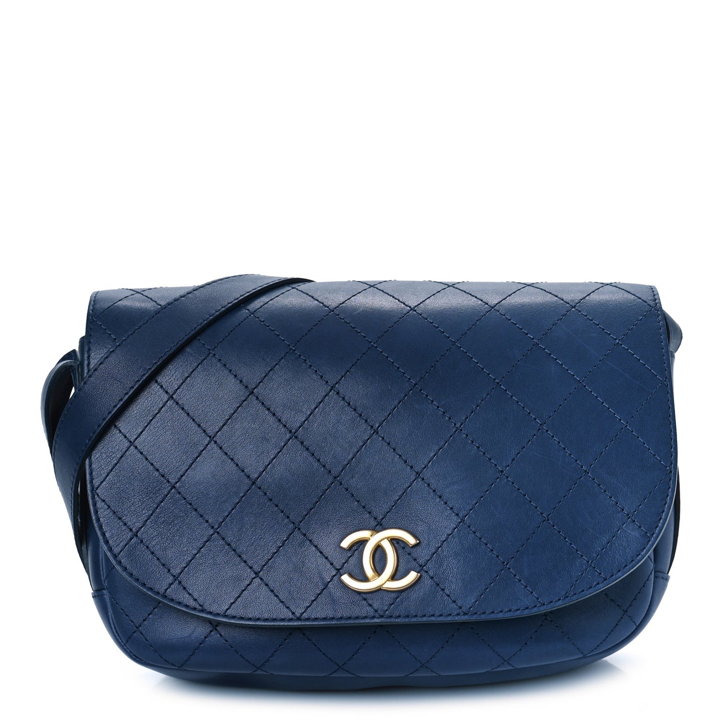 Calfskin Stitched Messenger Flap Bag Navy