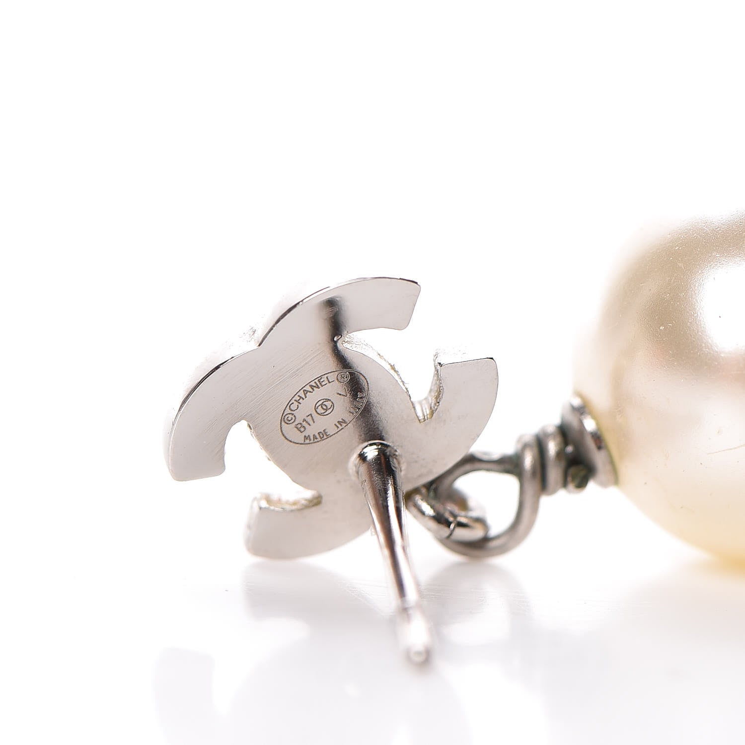 Chanel Crystal Pearl CC Drop Earrings Silver Pearly White 4 of 5