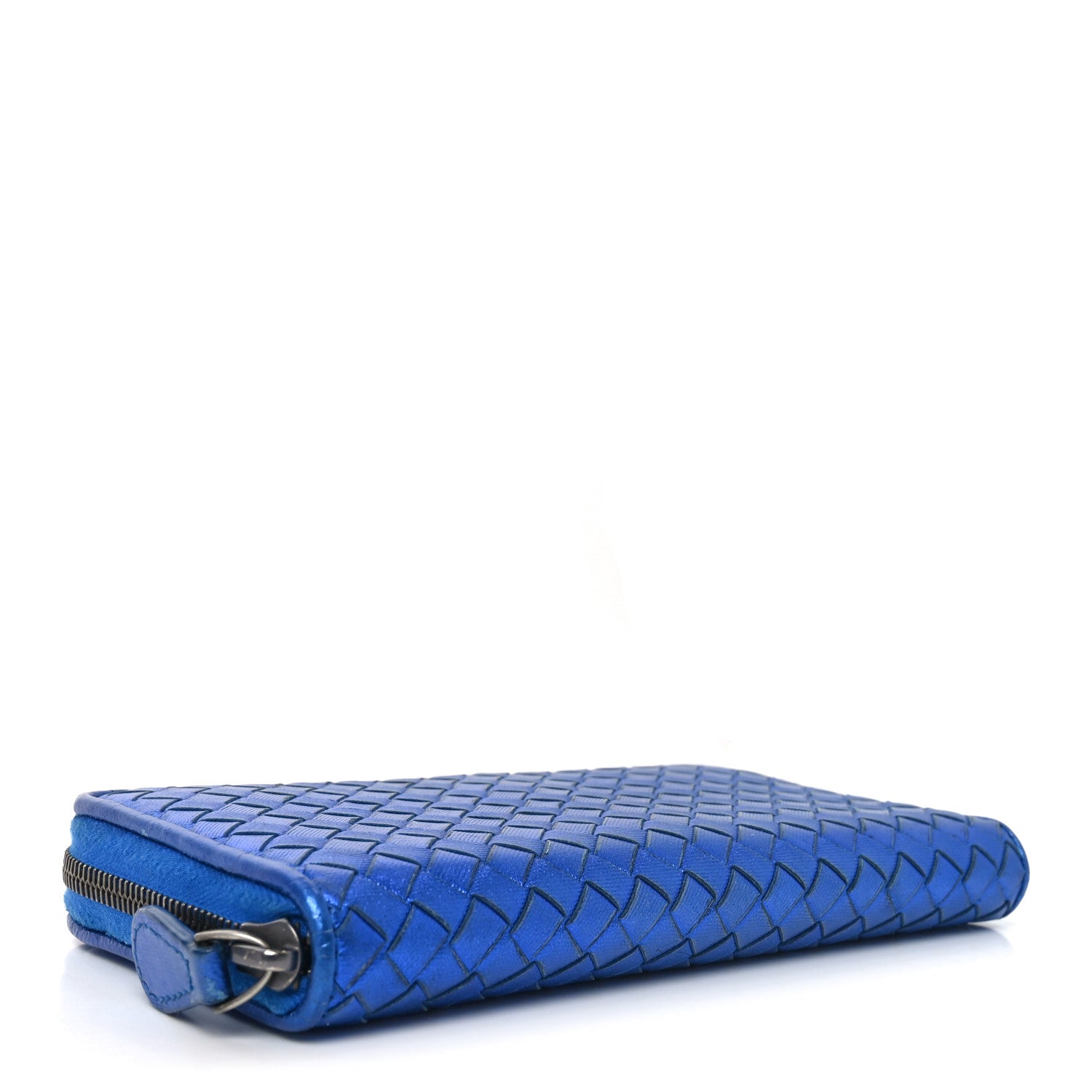 Bottega Veneta Metallic Grosgrain Intrecciato Zip Around Wallet Cobalt 4 of 10