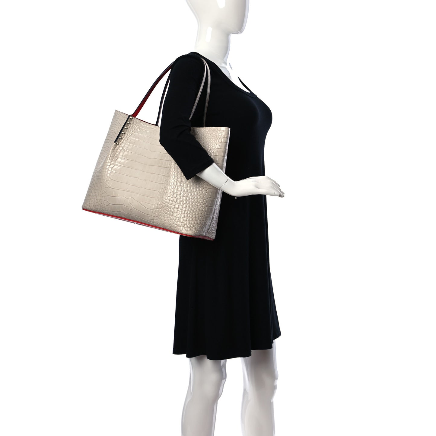 Crocodile Embossed Calfskin Spiked Cabarock Shopper Tote White