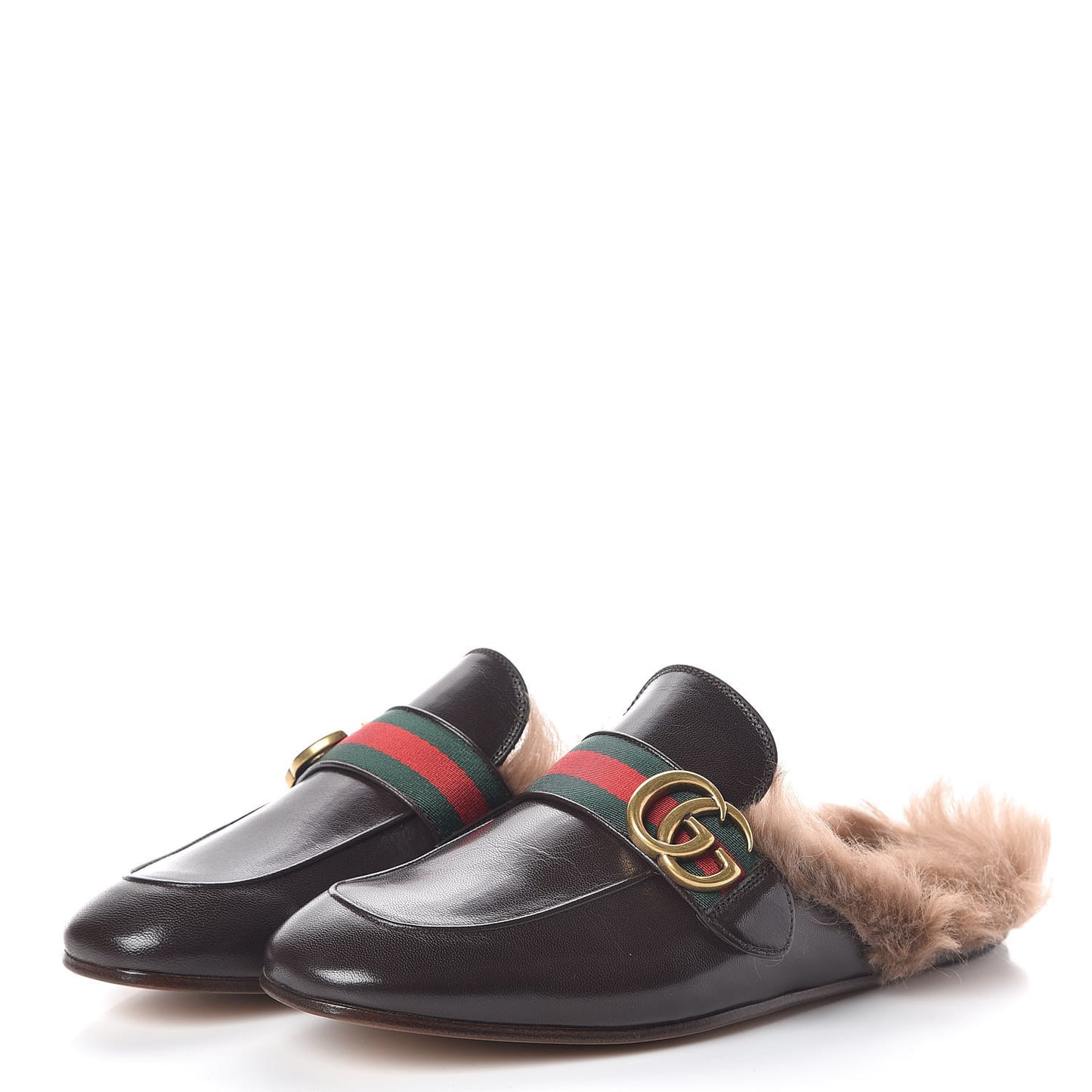 Goatskin Fur Web GG Mens Princetown Slippers 5 Cocoa