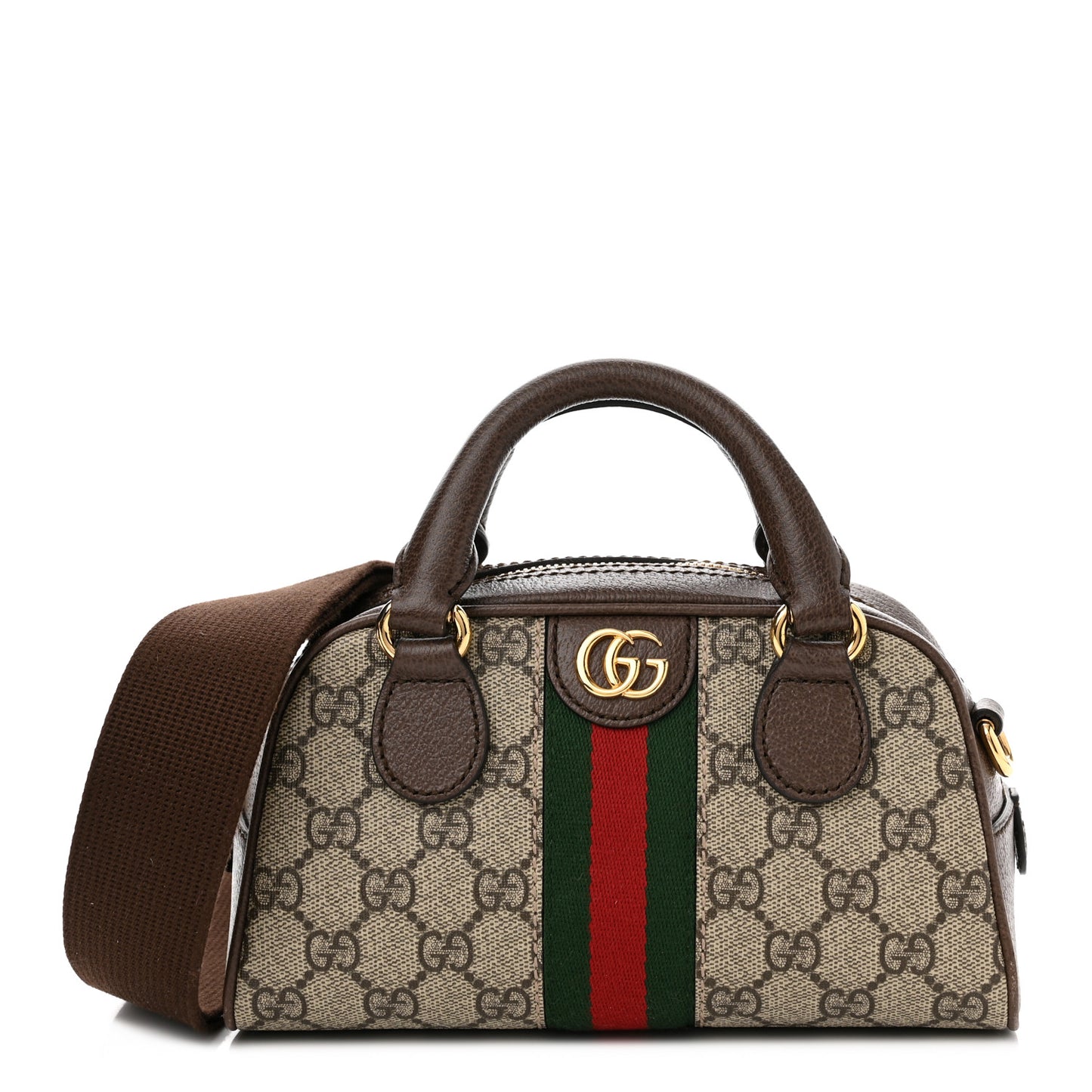 GG Supreme Monogram Textured Dollar Calfskin Web Mini Ophidia Top Handle Bowler Bag Beige Ebony New Acero