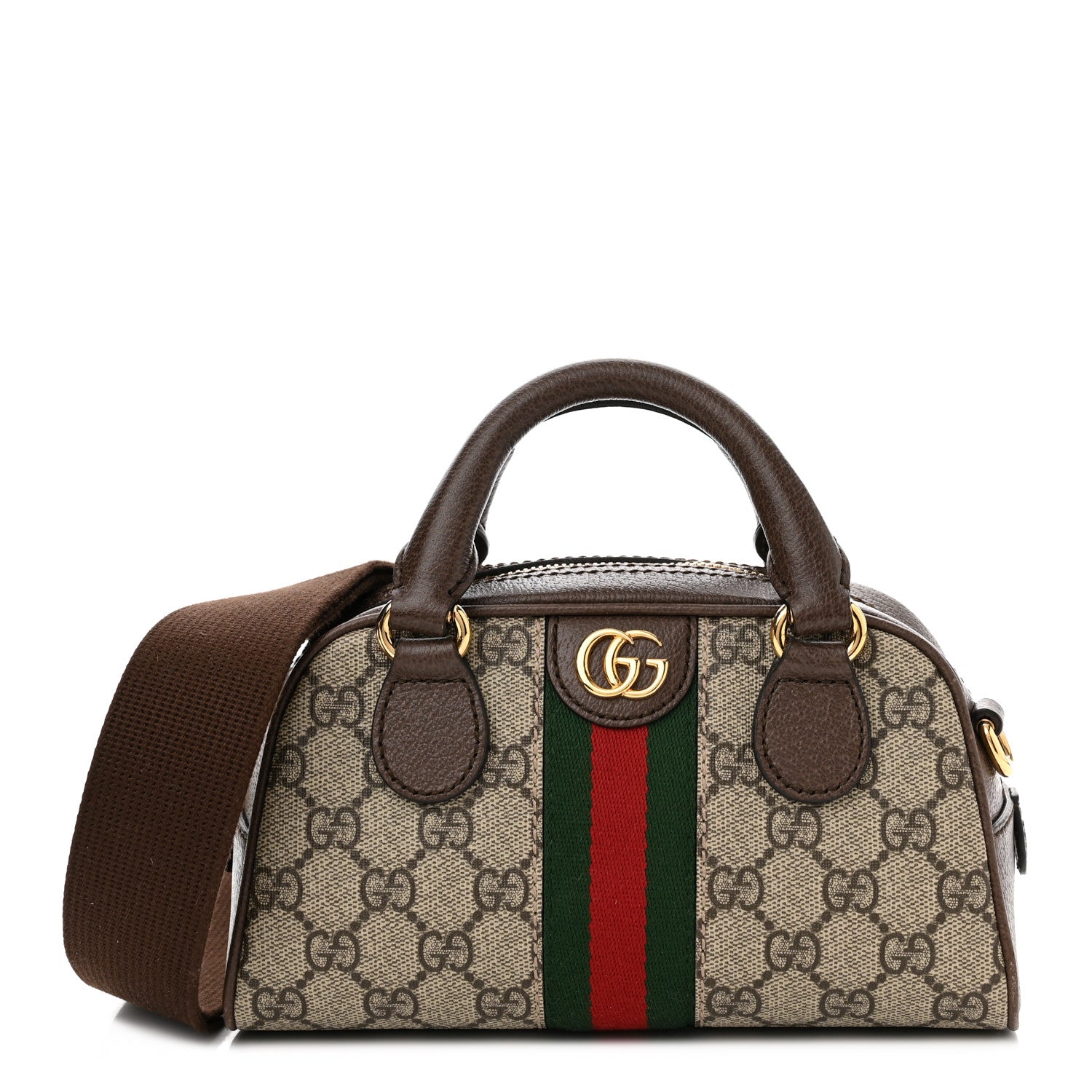 Gucci GG Supreme Monogram Textured Dollar Calfskin Web Mini Ophidia Top Handle Bowler Bag Beige Ebony New Acero 1 of 9