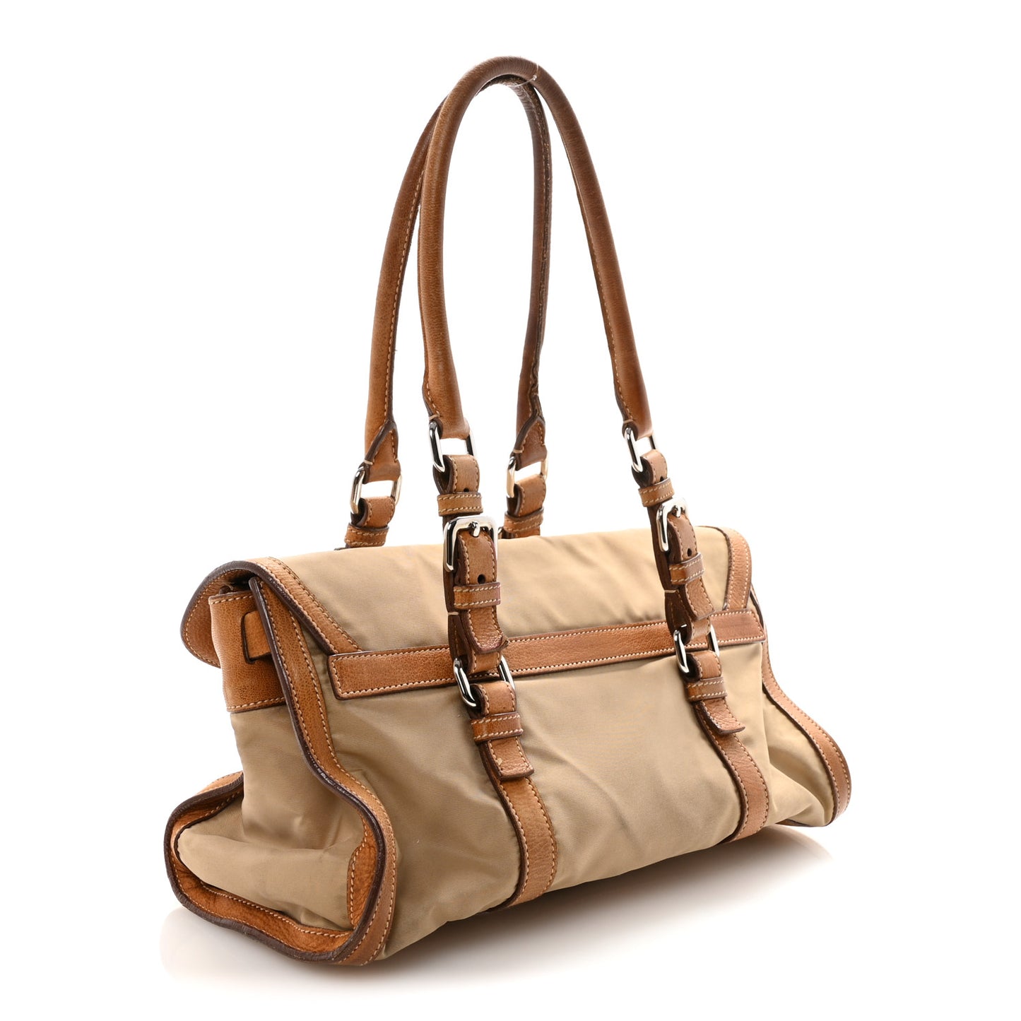 Tessuto Nylon Vitello Foldover Pushlock Satchel Beige