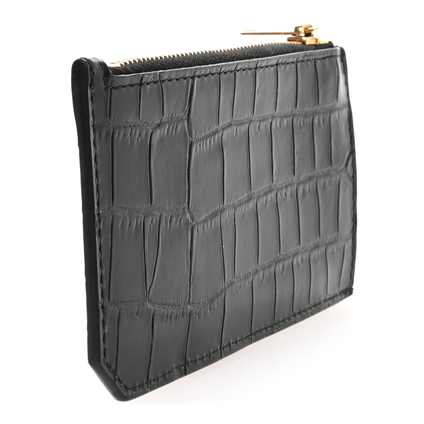 Calfskin Crocodile Embossed 5 Fragments Zip Pouch Card Holder Black