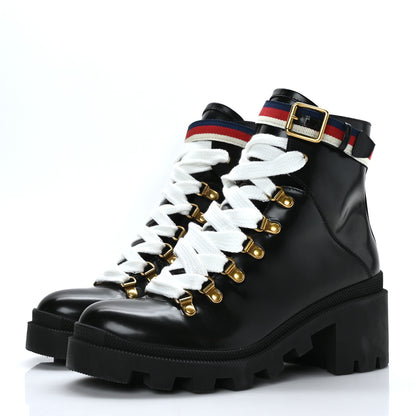 Gucci Calfskin Sylvie Web Womens Lace Up Combat Boots 38 Black 3 of 7
