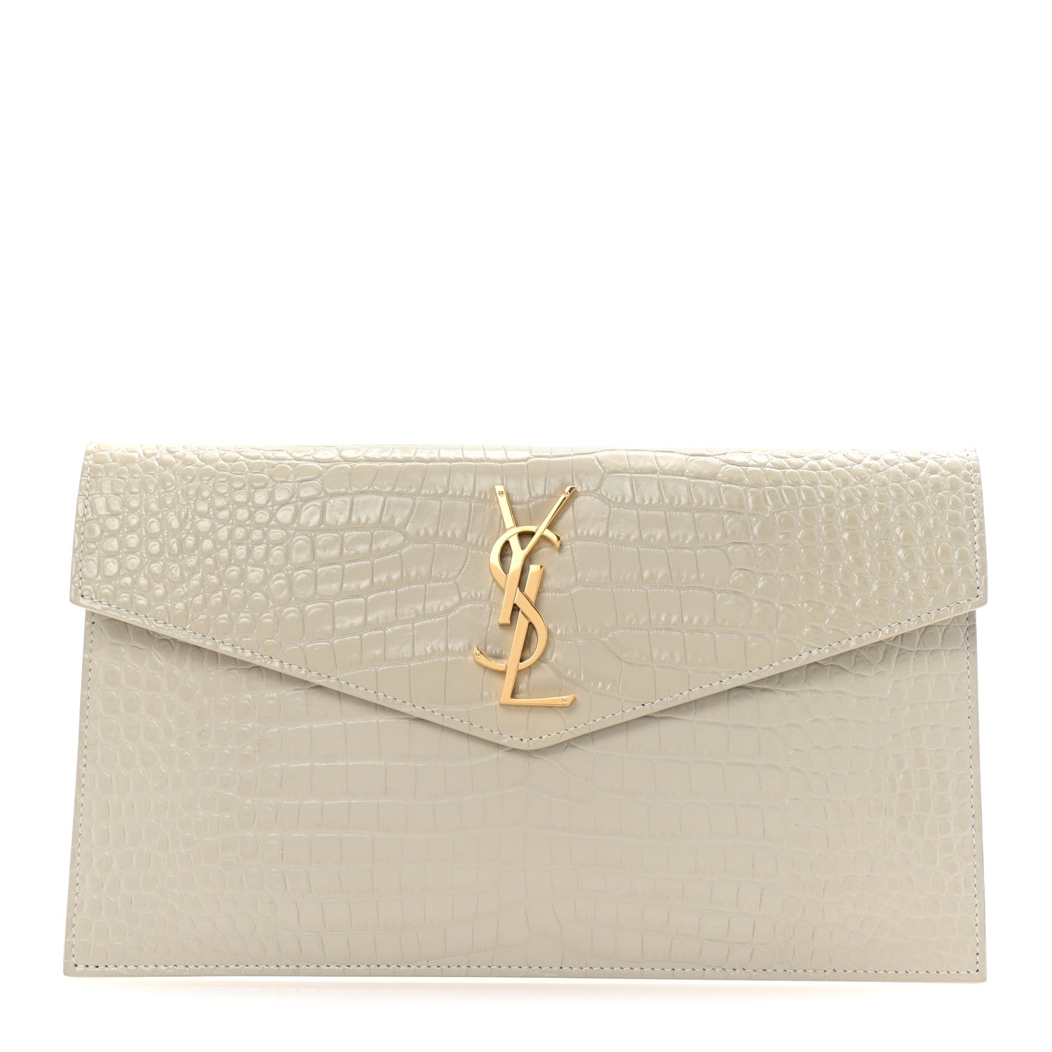 Saint Laurent Calfskin Crocodile Embossed Uptown Monogram Clutch Crema Soft 1 of 7