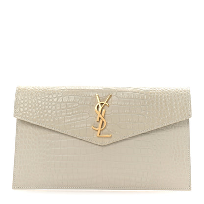 Saint Laurent Calfskin Crocodile Embossed Uptown Monogram Clutch Crema Soft 1 of 7