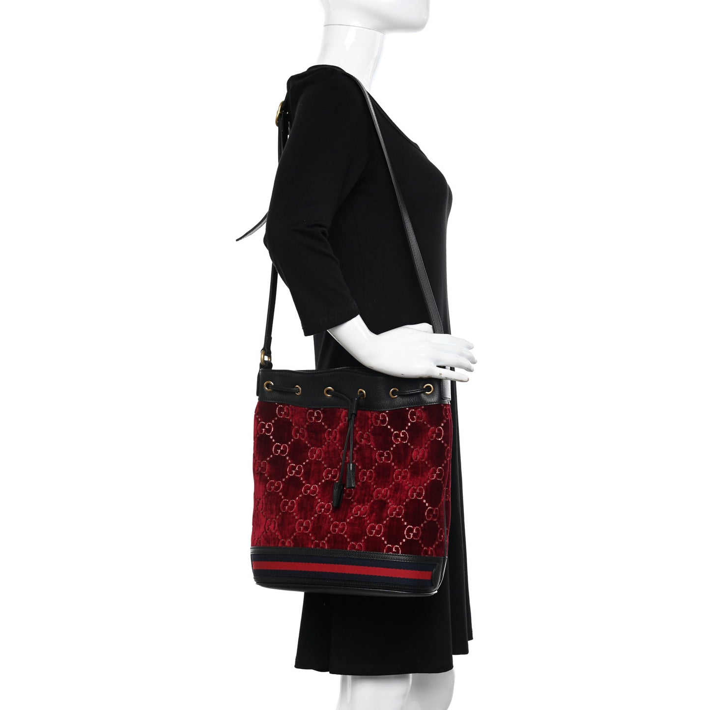 Velvet GG Monogram Textured Calfskin Web Bucket Bag Red Cipria Black