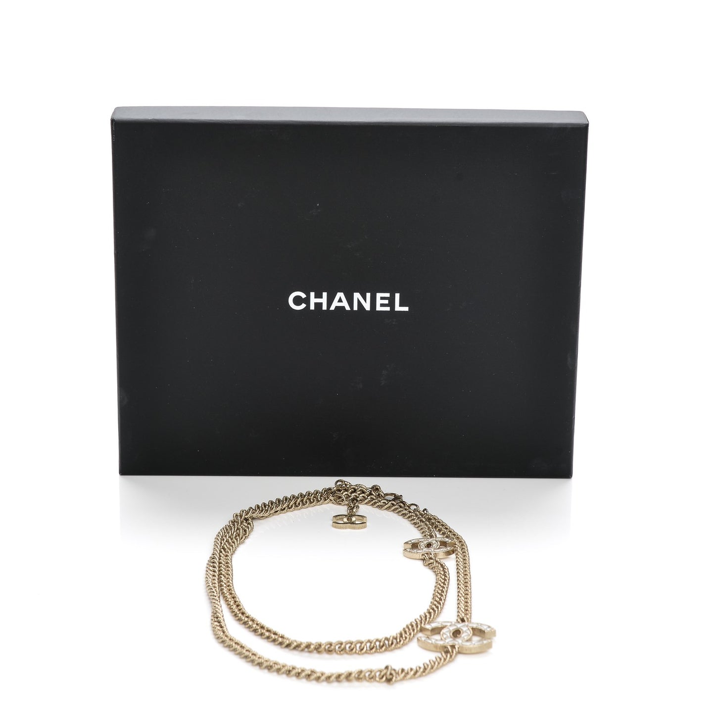 Quilted CC Long Chain Necklace Gold Pearly White