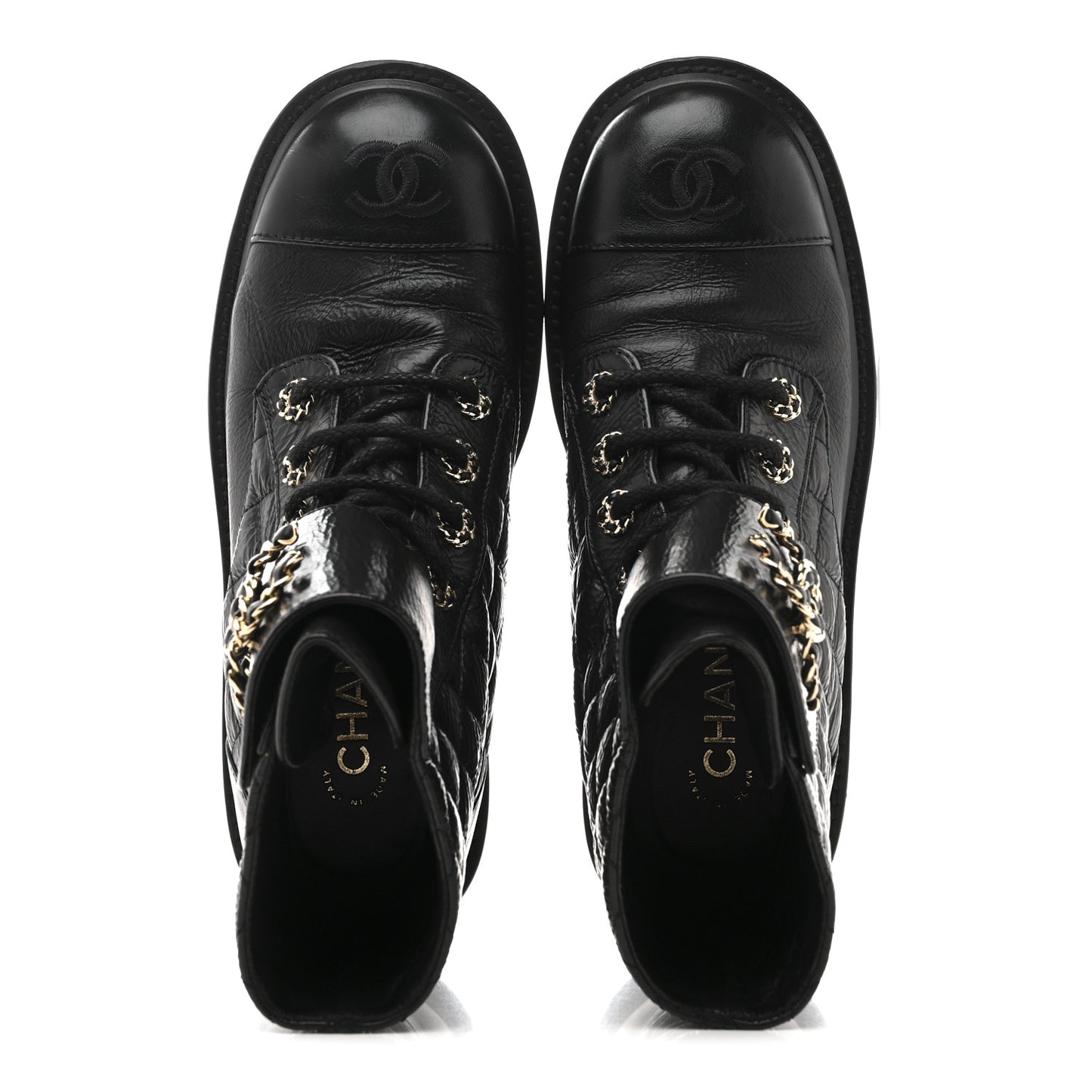 Shiny Goatskin Calfskin Quilted Lace Up Combat Boots 37 Black
