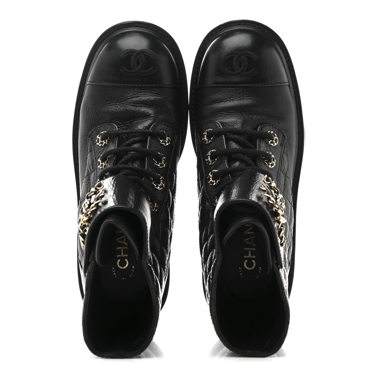 Chanel Shiny Goatskin Calfskin Quilted Lace Up Combat Boots 37 Black 2 of 10