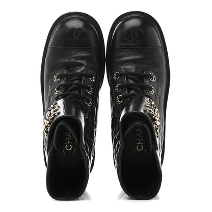 Chanel Shiny Goatskin Calfskin Quilted Lace Up Combat Boots 37 Black 2 of 10