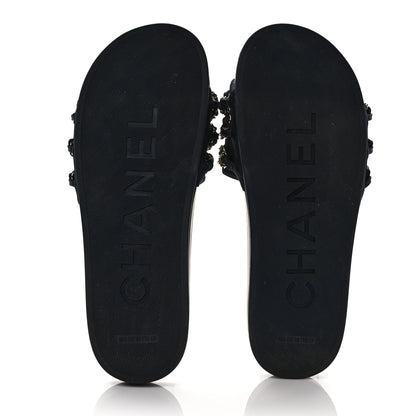 Chanel Satin Canvas Chain Slides Sandals Flats 41 Marine 5 of 8