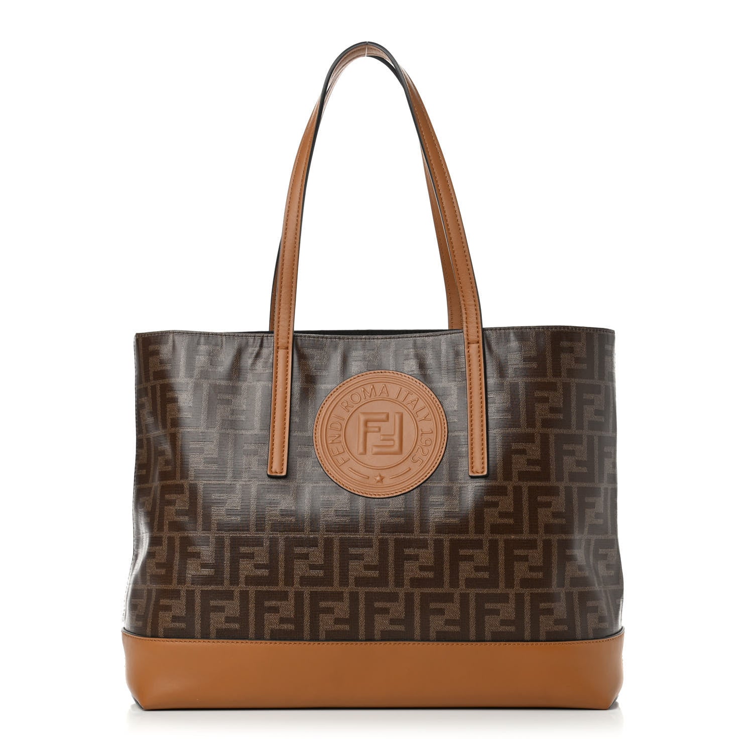 Fendi Glazed Fabric Vitello Century FF 1974 Stamp Patch Shopping Tote Mogano Panna Caramello 1 of 5