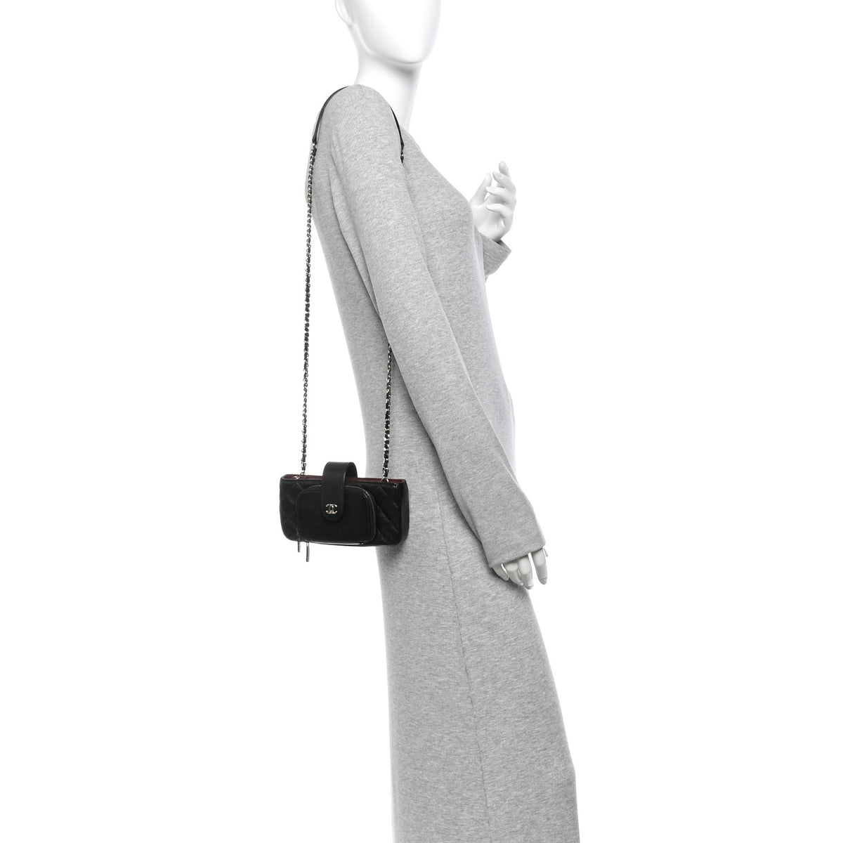 Caviar Quilted Business Affinity Phone Holder With Chain Black