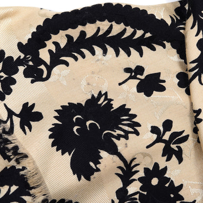 Louis Vuitton Wool Silk Monogram Floral Shawl Black Gold 3 of 4