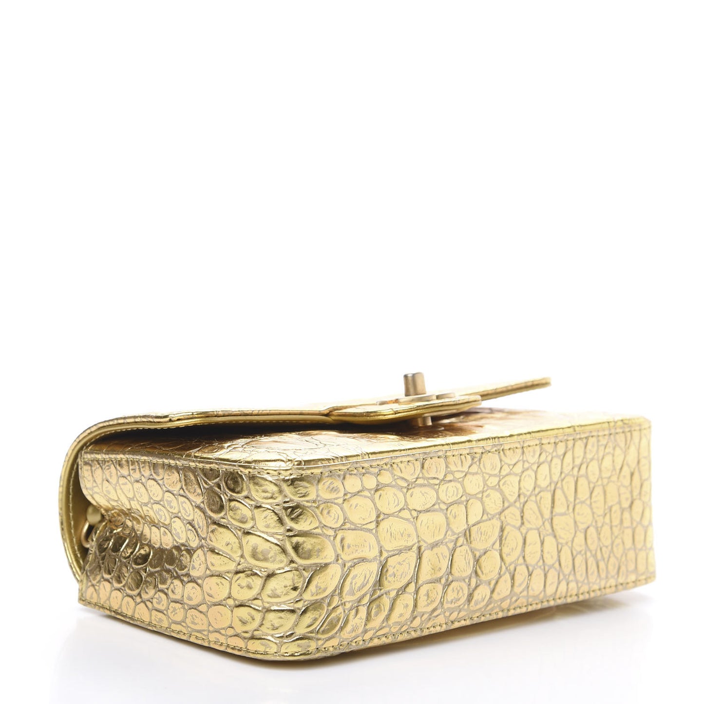 Metallic Calfskin Crocodile Embossed Cocodile Rectangular Mini Flap Gold