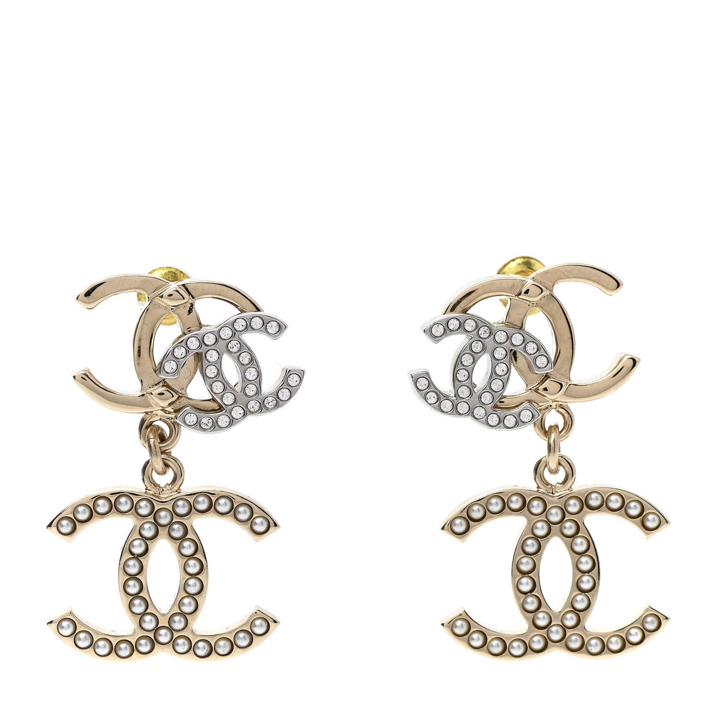 Crystal Pearl Double CC Drop Earrings Gold Silver