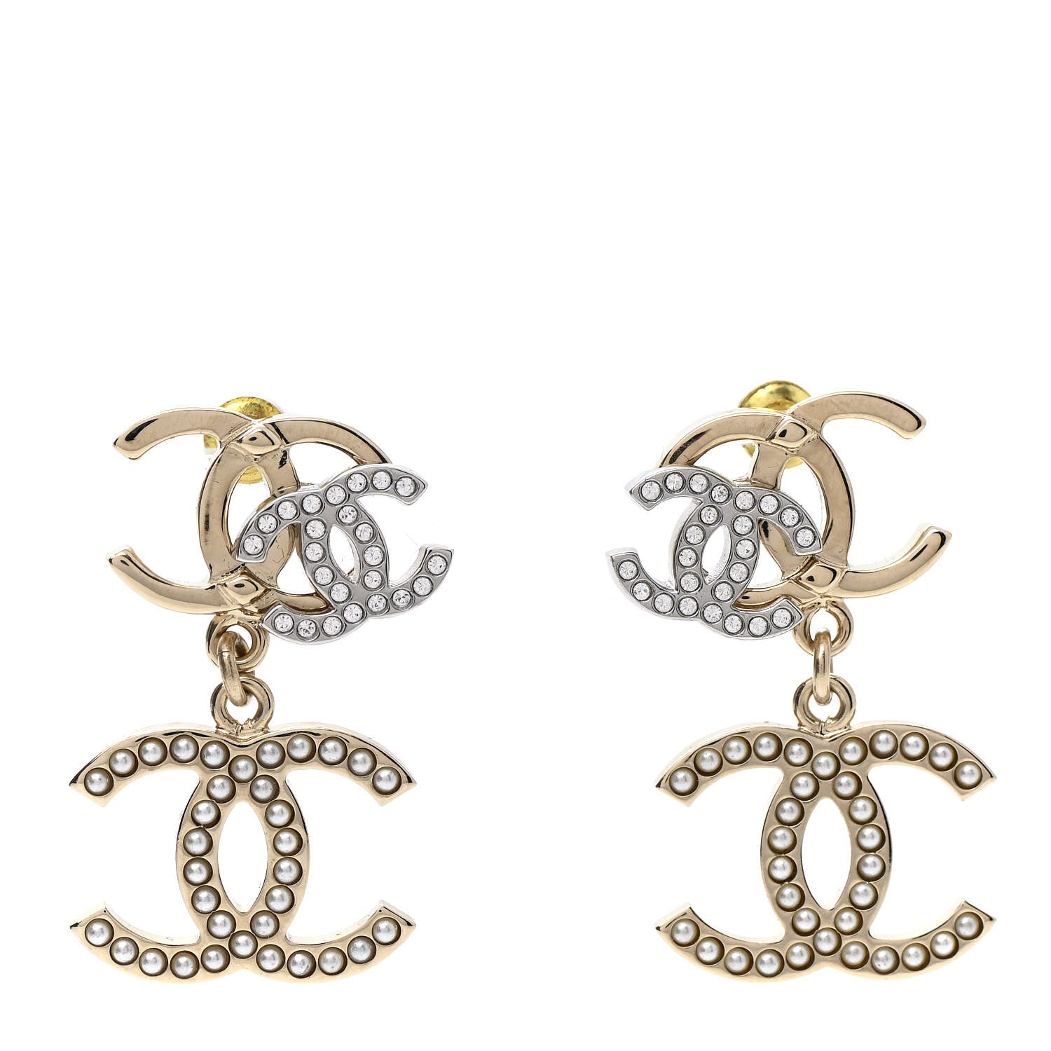 Chanel Crystal Pearl Double CC Drop Earrings Gold Silver 1 of 5