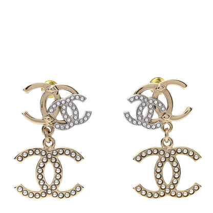 Chanel Crystal Pearl Double CC Drop Earrings Gold Silver 1 of 5