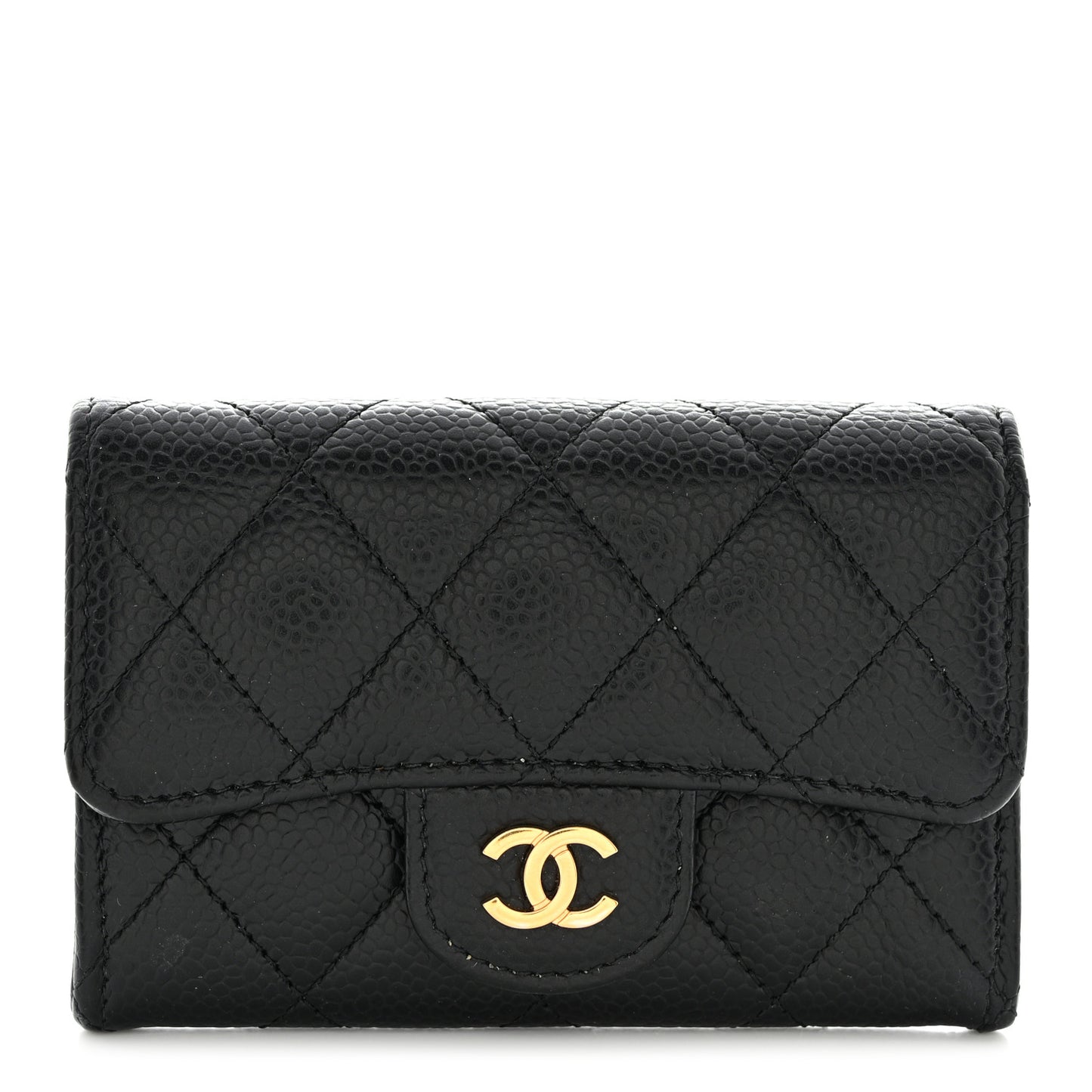 Caviar Quilted Flap Card Holder Wallet Black