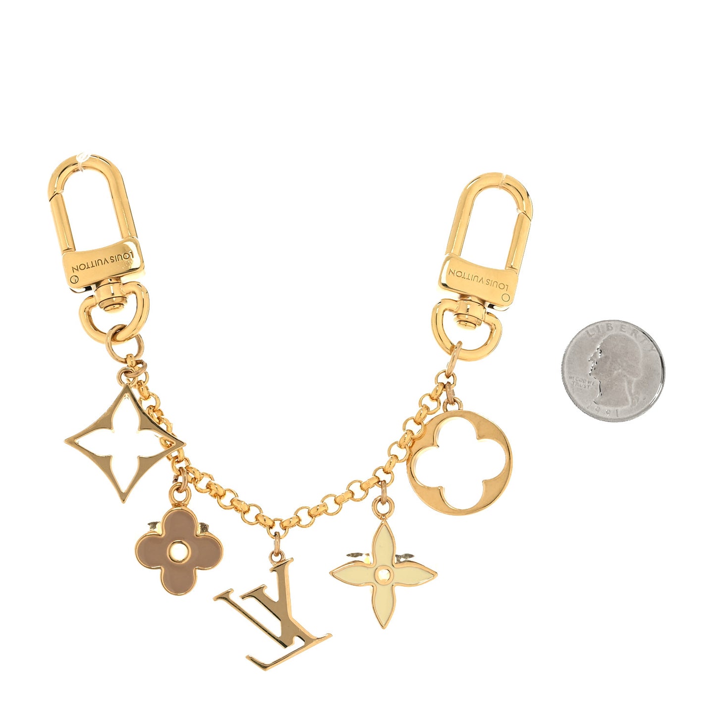 Brass Enamel Fleur De Monogram Bag Charm Chain Gold