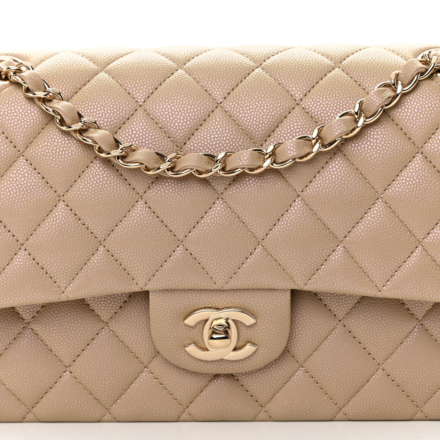 Iridescent Caviar Quilted Medium Double Flap Dark Beige