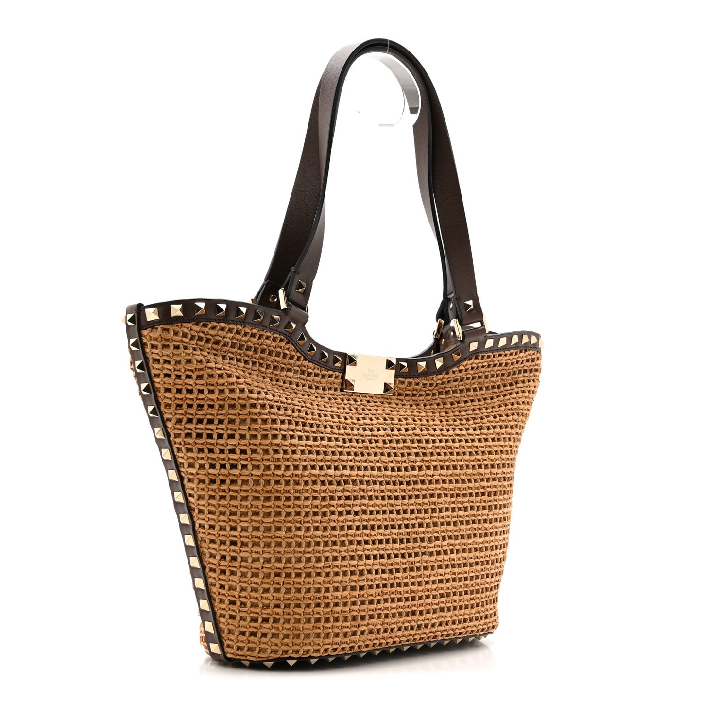 Synthetic Raffia Calfskin Rockstud Small Garden Tote Bag Tobacco Cacao