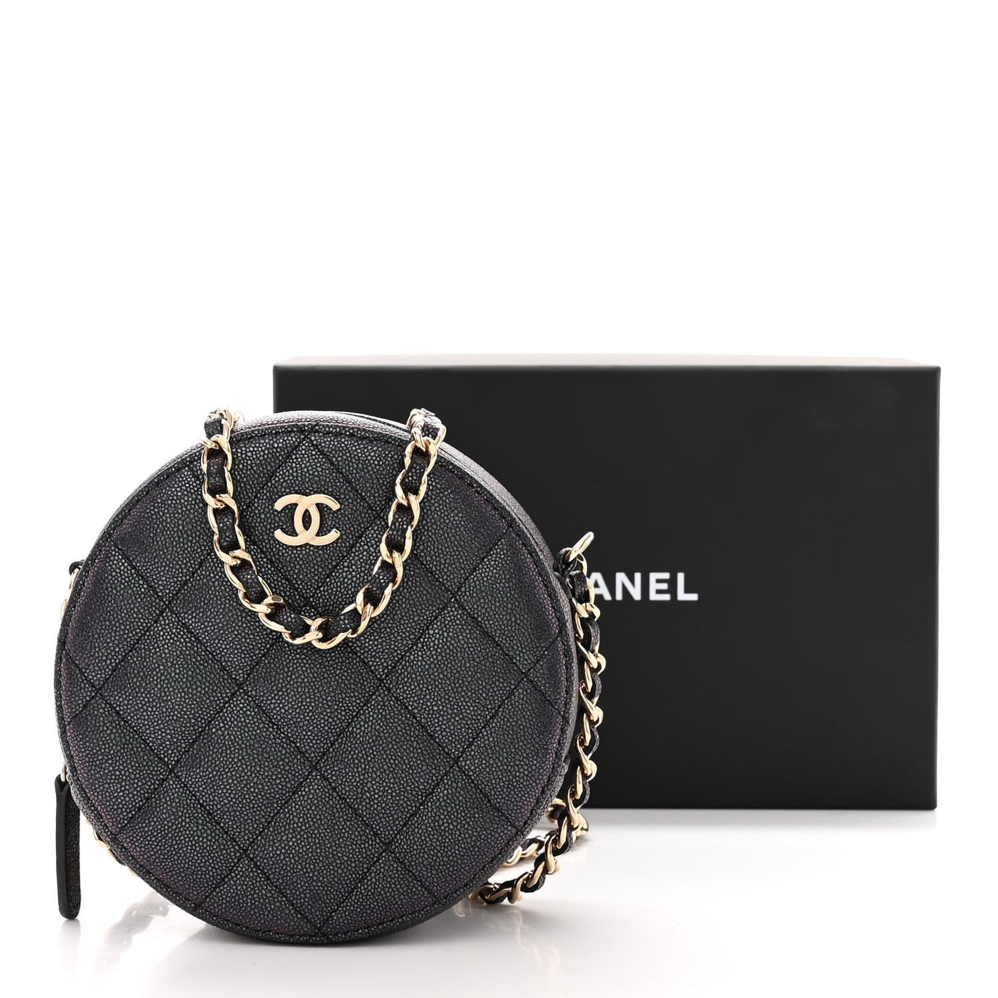 Iridescent Caviar Quilted Round Clutch With Chain Navy