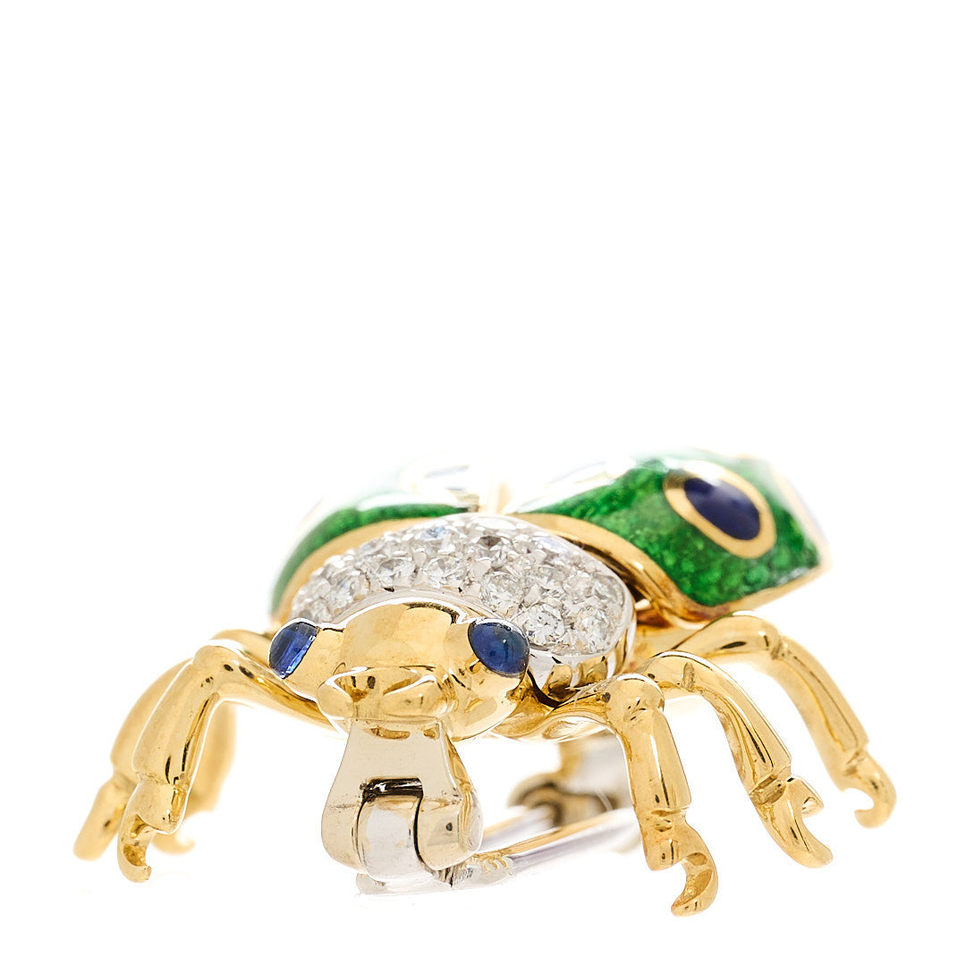 18K Yellow White Gold Diamond Enamel Ladybug Brooch Pin Green