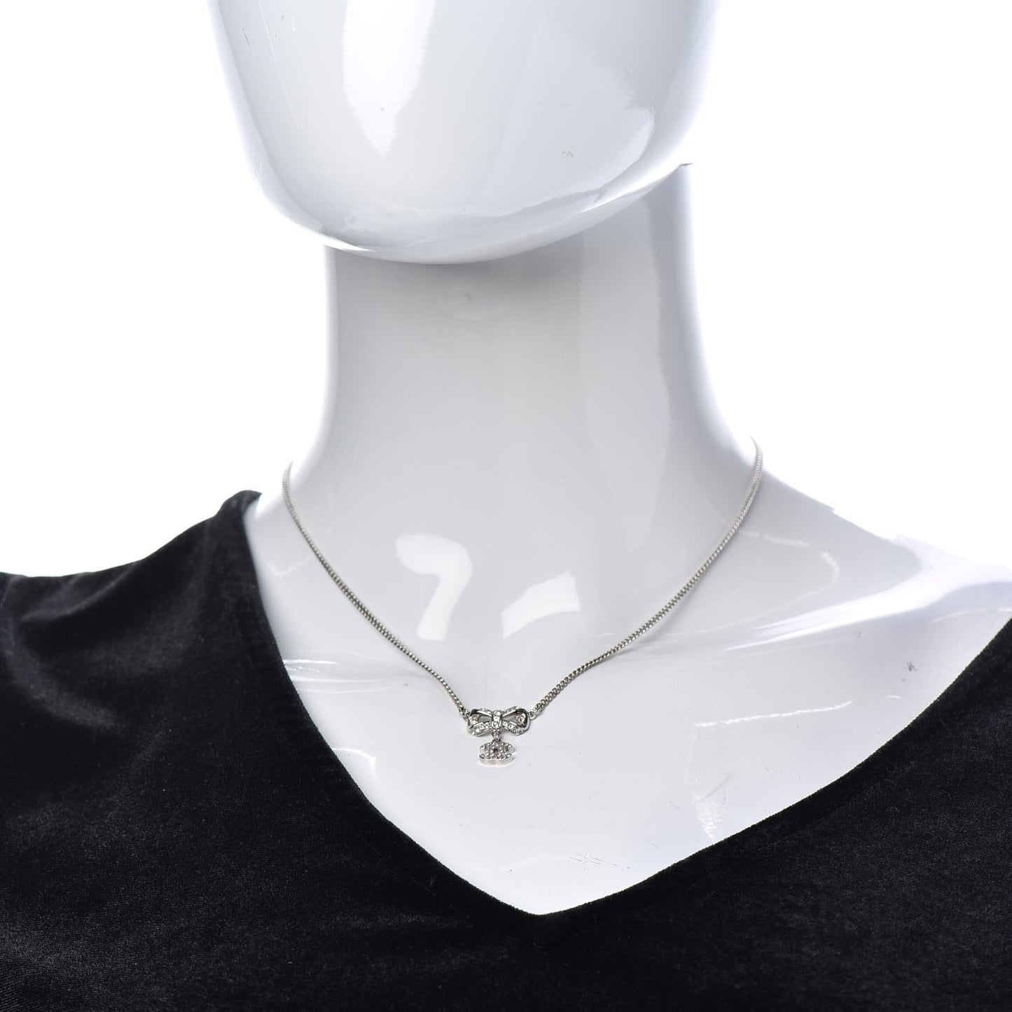 Crystal CC Bow Necklace Silver